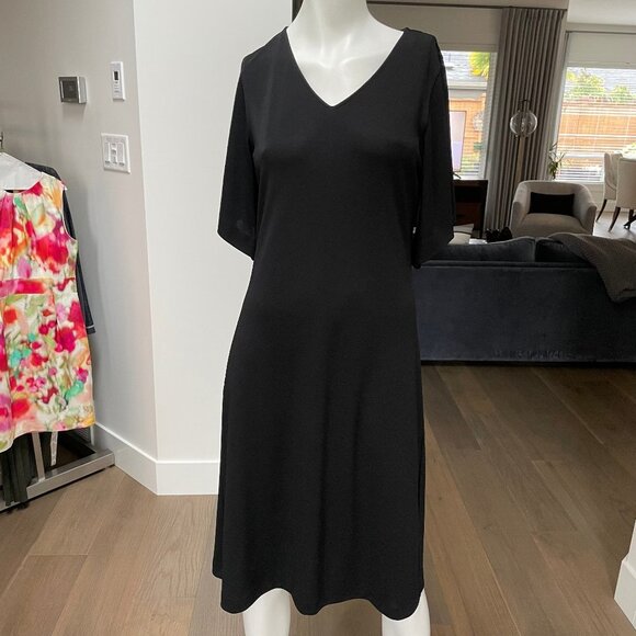 Spanner VNeck Elbow Length Rayon Poly Blend Classic Midi LBDress Black Sz M - Picture 1 of 8